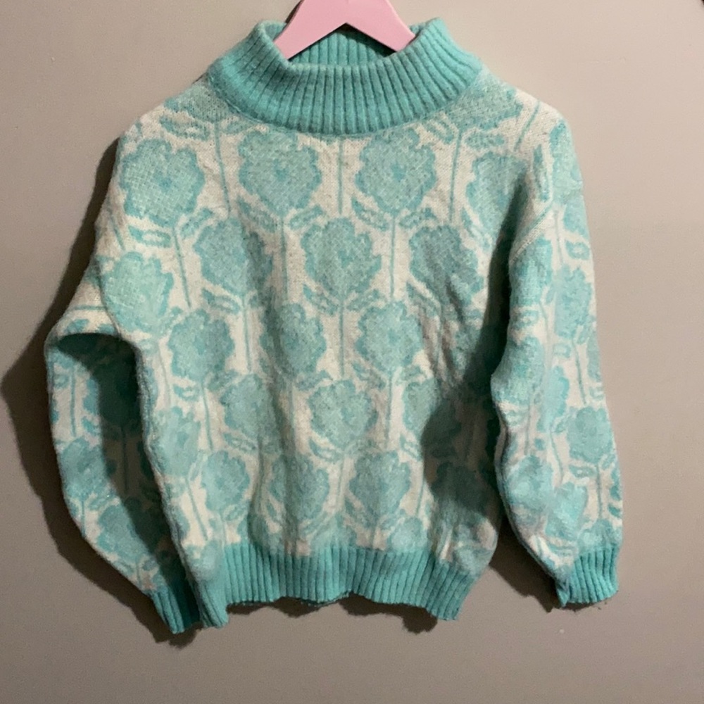 Turquoise And White Flower Sweater